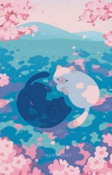 A black kitten and a white kitten napping in the shape of a Ying-yang in a field under the shade of a Sakura blossom tree. The view is from the top of the tree.